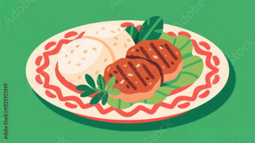 Vector illustration of a plate with sweet chocolate chip cookies and healthy vegetable salad isolated on white