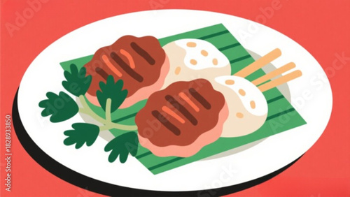 Chinese New Year food icon set with sweet bread, tasty brown snack, and white plate illustration vector symbol