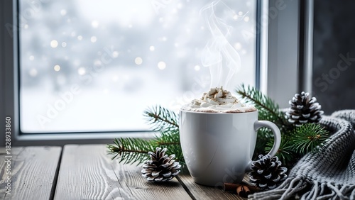 Cozy winter scene with hot chocolate by the window