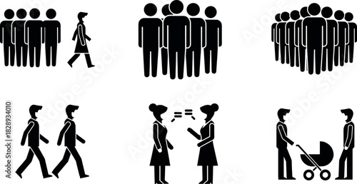 Black and white vector icons showing diverse social interactions, communication, family, companionship, and group dynamics in public settings
