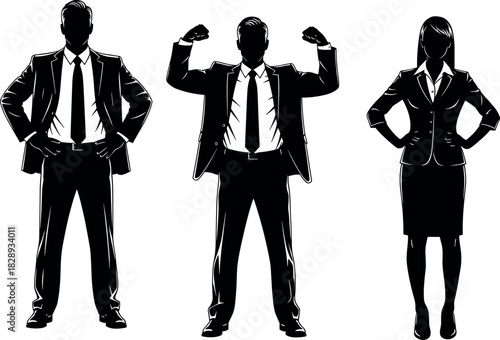 Business professionals in confident poses showcasing leadership, empowerment, success, teamwork, career ambition, corporate strength, and workplace diversity illustration.