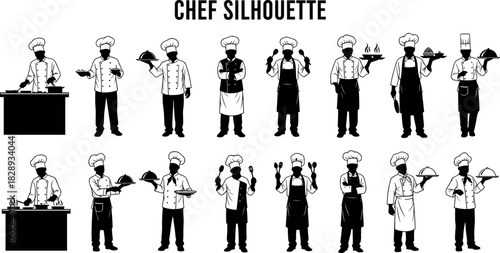 Chef silhouettes in various cooking poses, professional kitchen staff in uniform, culinary actions, restaurant service, food preparation vector illustration