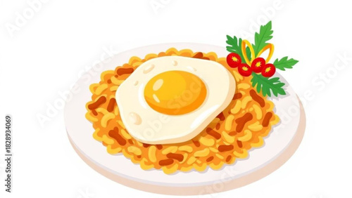 Fried eggs with bacon and toast on a white plate, a tasty breakfast meal