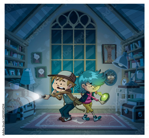 Child detectives in a dark room searching for clues