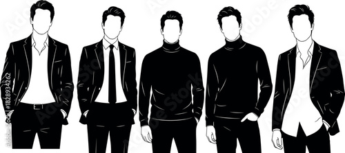 Faceless male fashion illustration showcasing modern formal and semi-formal outfits including suits, turtlenecks, business attire, and stylish poses.