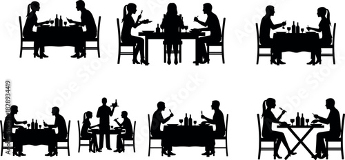 Restaurant dining silhouettes showing people eating, drinking, socializing, and being served in various table settings and group interactions.