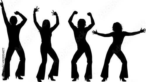 Retro disco dancers in silhouette performing energetic poses with flared pants and heels on white background for dance-themed vector art.
