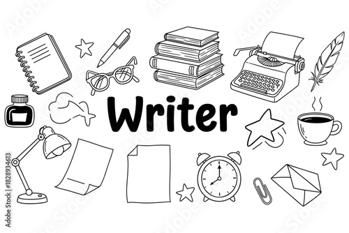 Illustrated writer's desk with typewriter, books, and writing tools