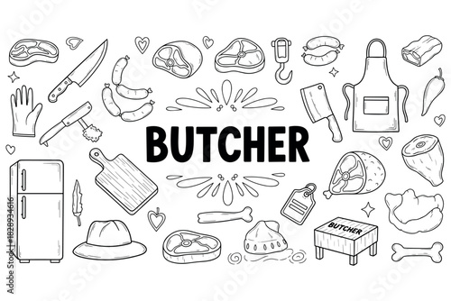 Hand-drawn butcher shop elements with meat, tools, and accessories