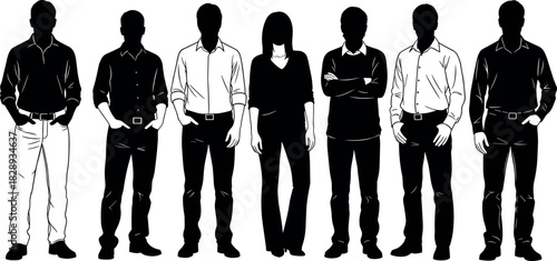 Silhouette of diverse casual people standing together in relaxed posture, black and white team illustration for demographic design use