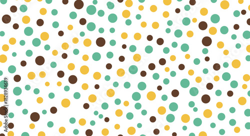 A playful and modern pattern featuring a random distribution of circles in teal, yellow, and brown against a clean white backdrop.