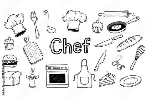 Hand-drawn chef tools and food sketch with chef hat and cooking utensils