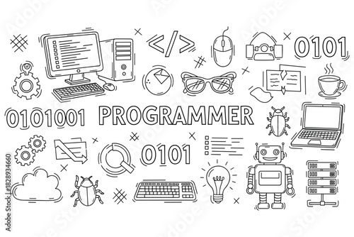 Programmer concepts: computer, code, bugs, robot, icons with binary and devices