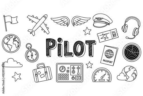 Pilot concept with aviation icons: airplane, passport, headset, wings, radar