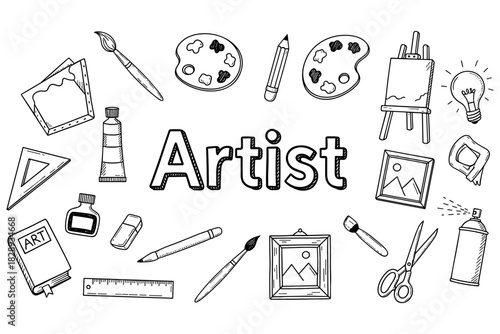 Artist tools and creativity in doodle art: brushes, palette, easel, paints, sketch, design