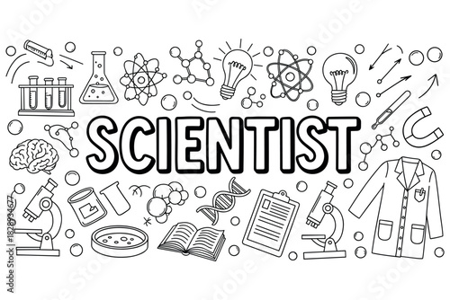 Science icons and symbols featuring equipment and chemistry elements