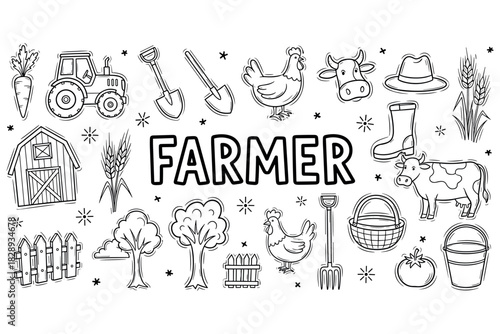 Farm life doodles: tractor, barn, tools, animals, and produce