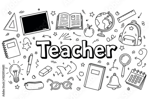 Doodle teacher theme with school supplies and educational icons