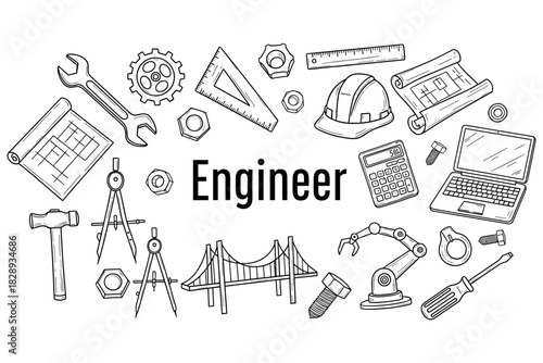 Engineering tools and symbols: blueprints, gears, and equipment icons