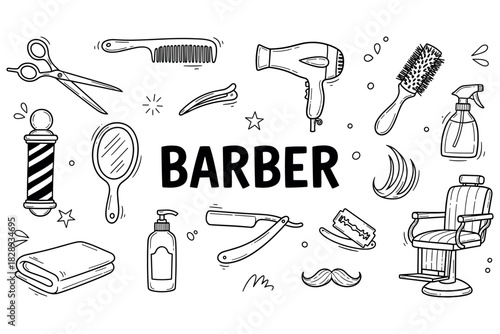 Barber tools and equipment: scissors, comb, hairdryer, razor, chair, and more