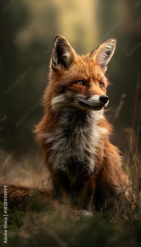 Obraz premium Wild fox portrait serene meadow wildlife photograph warm fur bright eyes nature's beauty realism