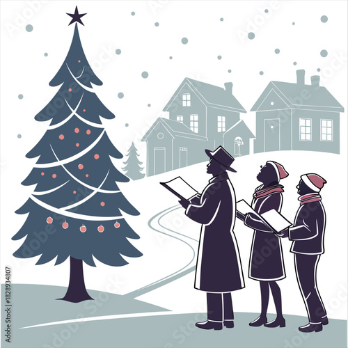 Christmas carolers singing in a winter town scene vector illustration. Group of people with songbooks next to a decorated tree.