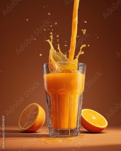 Fresh Orange Juice Pouring into Glass with Splashes and Halved Oranges on Brown Background.
