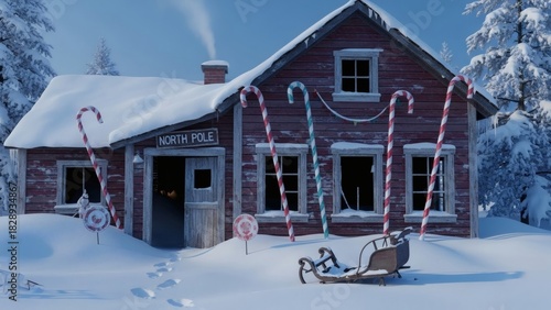 Step into Santa's charming North Pole workshop covered in snow, candy canes, and holiday magic ready for Christmas wonder and winter fun