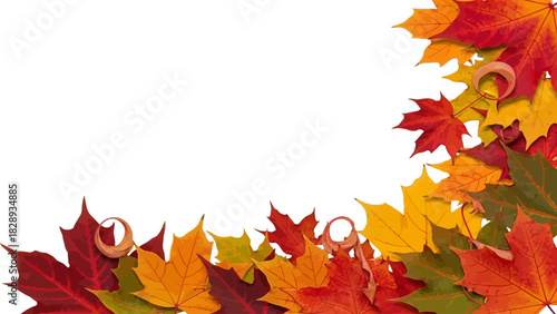 Autumnal Maple Leaf Corner Border Frame Vector Illustration for Fall Season Greetings. Thanksgiving Invitation and Seasonal Design with Colorful Foliage on Transparent Background.