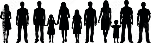 Silhouettes of diverse family members including adults and children standing together in generational unity for demographic and social visuals.