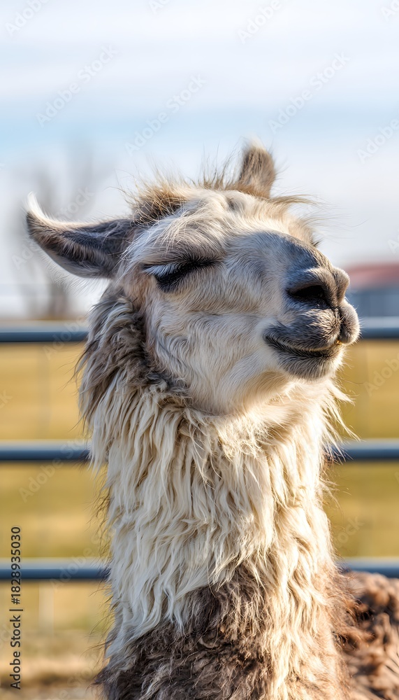 Obraz premium Gentle llama basks in warm sunlight a charming portrait of farm life and peaceful rural serenity