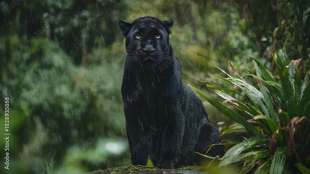 Obraz premium Majestic black panther portrait rain kissed jungle wildlife dramatic gaze serene nature wallpaper backdrop visual art