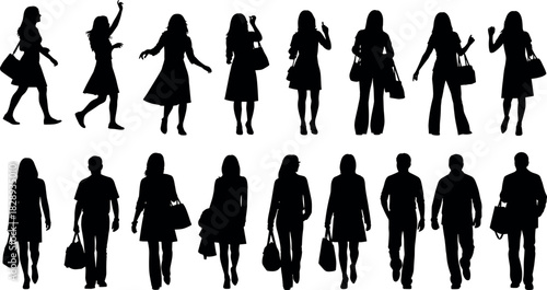 Silhouettes of walking and standing people with bags, diverse postures, fashion styles, male and female figures in urban motion