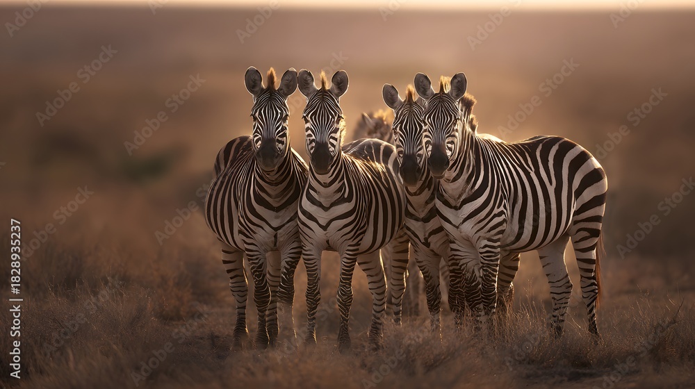 Naklejka premium Sunrise serenity a zebra family portrait captures warmth on the African savanna grasslands