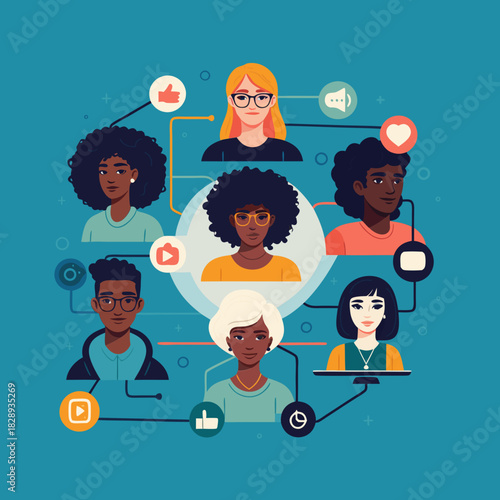 Diverse group of people connected by social media icons and lines on a blue background