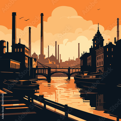 Industrial cityscape river sunset factories buildings bridge orange black atmosphere.