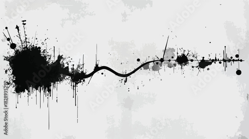 An abstract vector illustration features a black ink splatter design with a flowing line and various ink blots, perfect for artistic backgrounds and creative design elements.