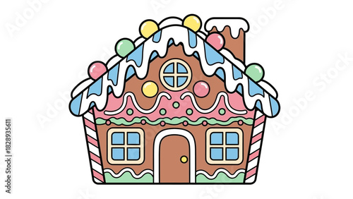 A cartoon gingerbread house with candy decorations and blue window panes