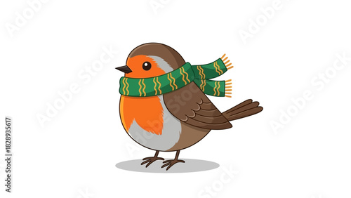 A cartoon robin stands wearing a green scarf with yellow zigzags on a white background