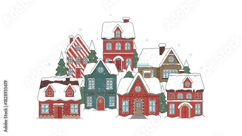 A cartoon village of colorful houses covered in snow and evergreen trees set against a white background with snowflakes
