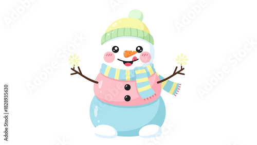 A charming cartoon snowman with a yellow hat and scarf holds snowflakes with his twig arms
