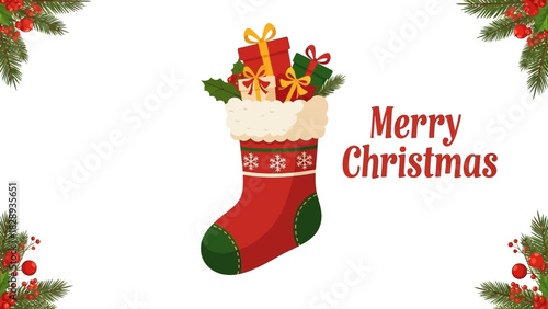 A Christmas stocking filled with presents and the words Merry Christmas
