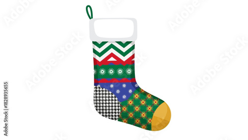 A Christmas stocking has multiple patterns zigzags hounds tooth stars snowflakes sunbursts red and green stripes blue dots