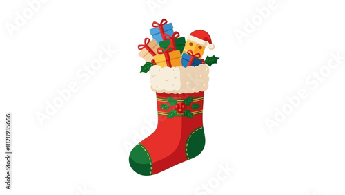 A Christmas stocking is filled with colorful gifts and topped with a fluffy white trim