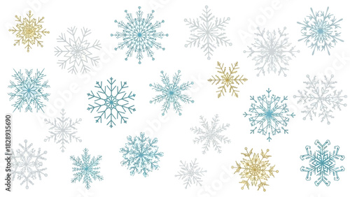 A collection of snowflakes in various shapes colors and patterns on a white background