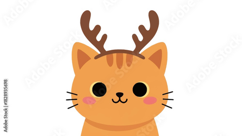 A cute ginger cat wearing reindeer antlers cartoon style