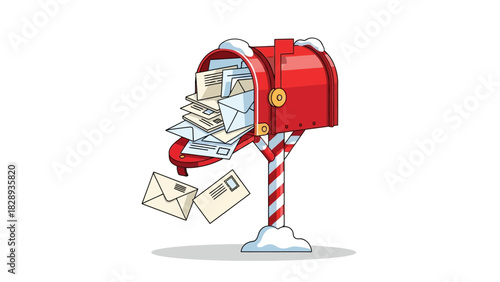 A red mailbox stuffed with letters supported by a candycane post with snow