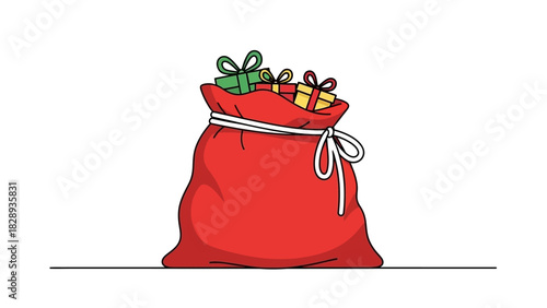A red sack filled with green yellow and red gift boxes tied with white rope sits on a line