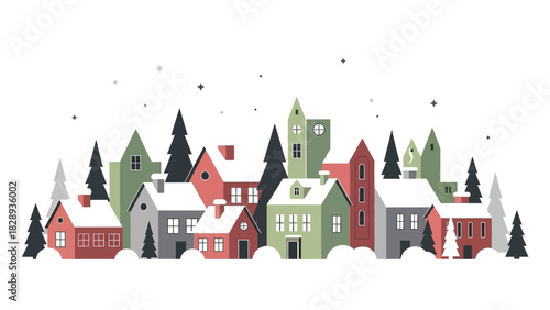 A stylized winter village scene with houses and trees covered in snow against a white background
