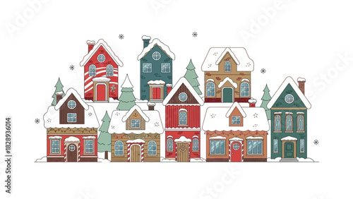 A whimsical winter village with snowcovered buildings and stylized snowflakes